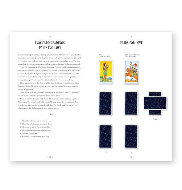 Page spread from Tarot by Numbers features sections titled, "Two-Card Readings: Pairs for Love" and "Pairs for Love"