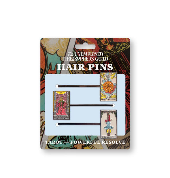 Pack of Tarot – Powerful Resolve enamel hair pins on The Unemployed Philosophers Guild backer card