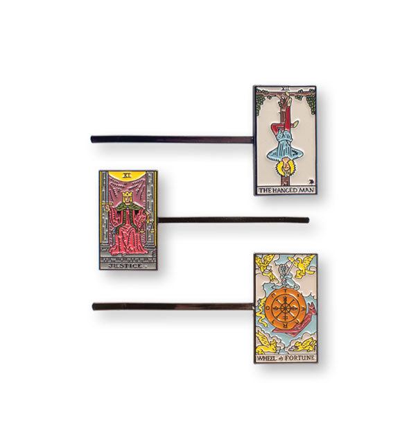 The Hanged Man, Justice, and Wheel of Fortune enamel tarot card hair pins
