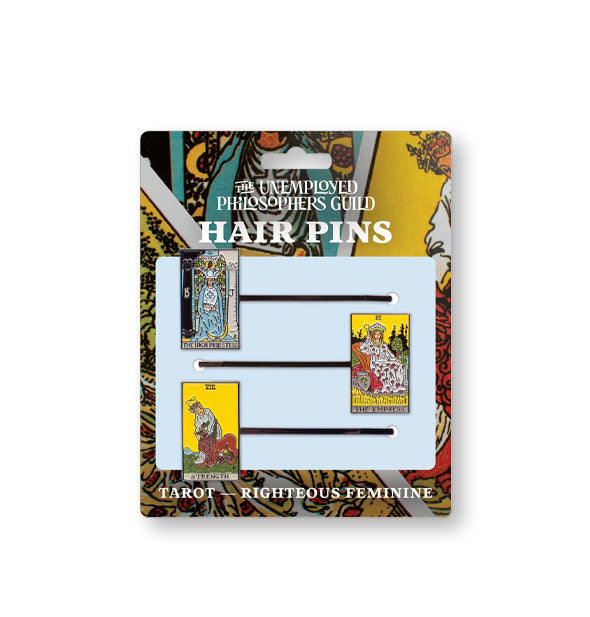Set of three Tarot – Righteous Feminine enamel hair pins on The Unemployed Philosophers Guild backer card