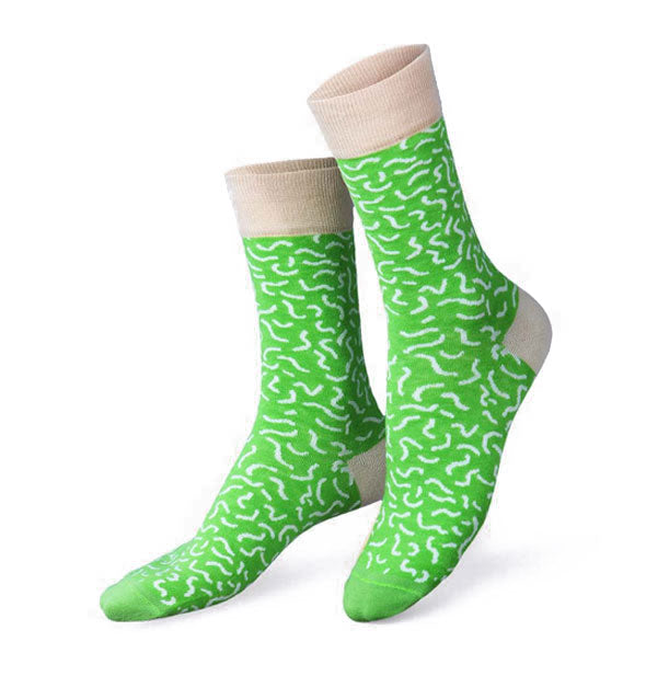 Pair of green crew socks with white squiggle design, white top band, and white heel