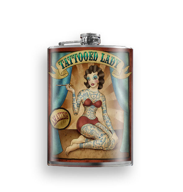 Flask featuring circus sideshow-style artwork of an "Amazing" Tattooed Lady
