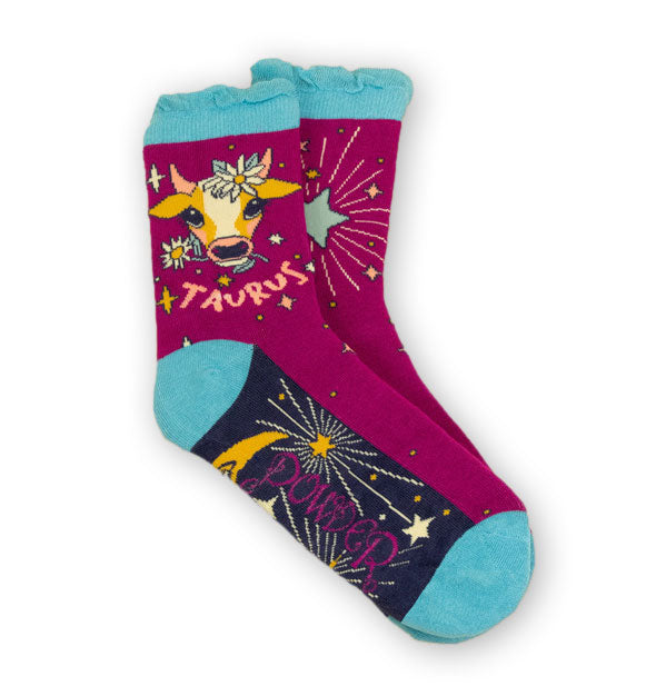 Pair of Taurus socks by Powder feature astrology-themed bull design