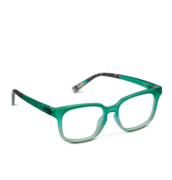 Pair of glasses with a teal ombre frame accented by brown and teal tortoise temple tips