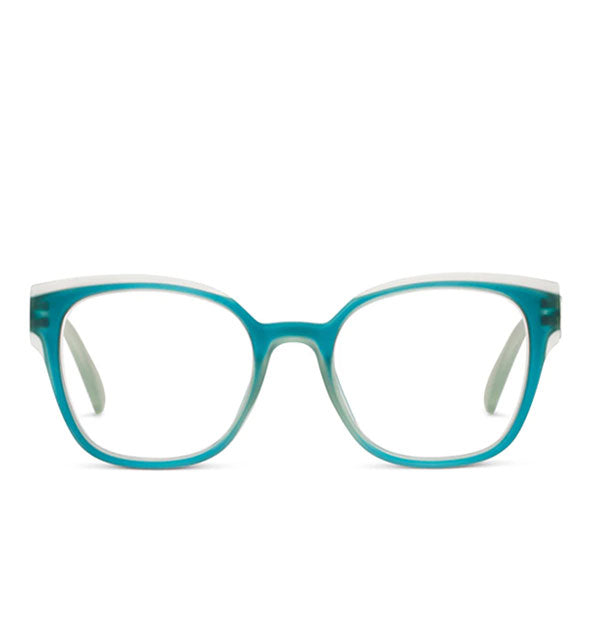 Front view of teal reading glasses with white color block detail