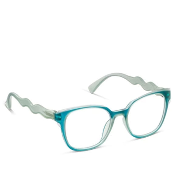 Transparent teal reading glasses with wavy temple arms