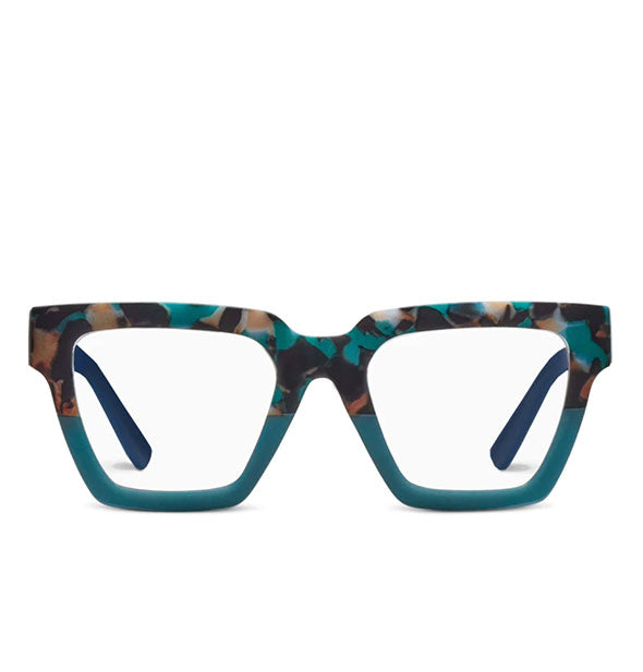 Square glasses frames with half and half teal and tortoise finish with flecks of brown and beige