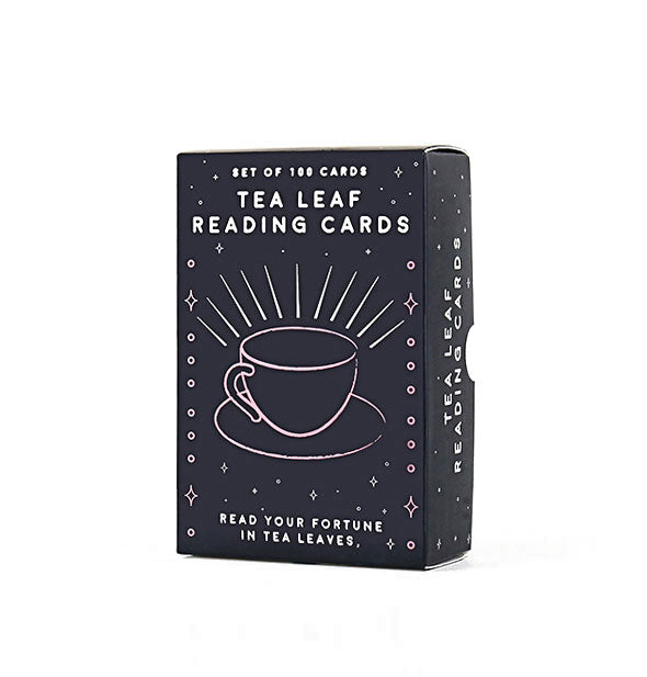 Black box of Tea Leaf Reading Cards with white decorative accents