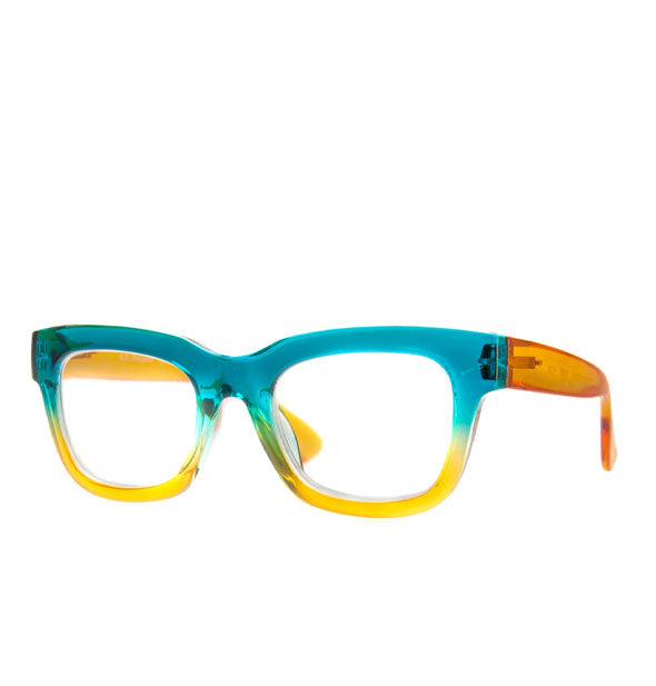 Thick-rimmed glasses with teal-to-yellow ombre rims and orange temple arms