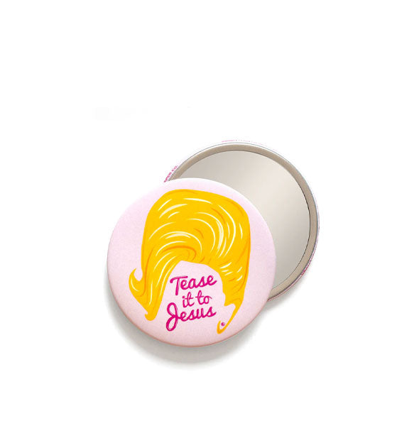 Front and back views of a pocket mirror that features a large blonde hairdo illustration around the words, "Tease it to Jesus" in pink script where a face should be