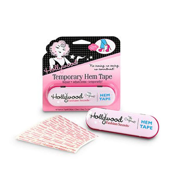 Black and pink Hollywood Fashion Secrets Temporary Hem Tape package with storage tin and sample strips in the foreground