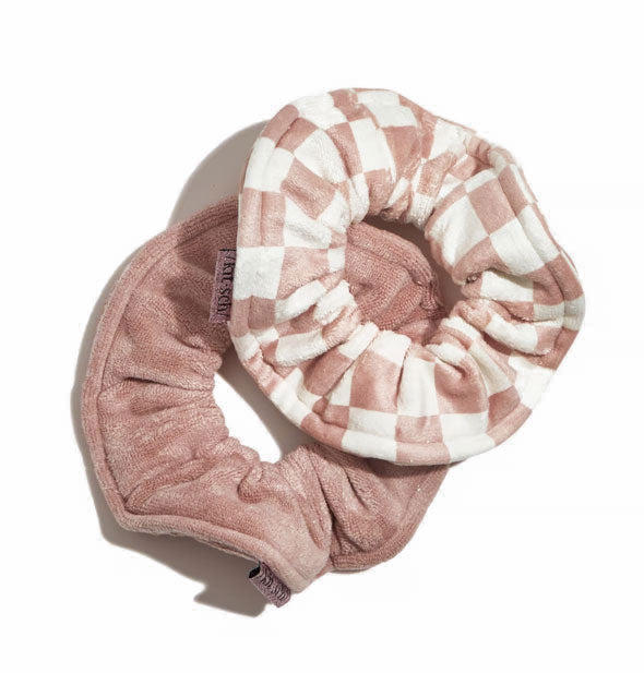 Set of two microfiber hair scrunchies in muted terracotta solid and muted terracotta and white checker print