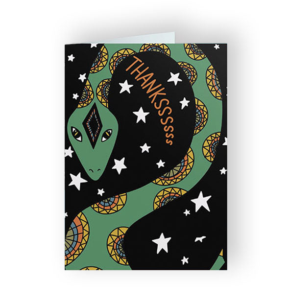 Black greeting card featuring an illustration of a green snake with a stained glass-like pattern surrounded by white stars says, "Thankssssss" in red lettering