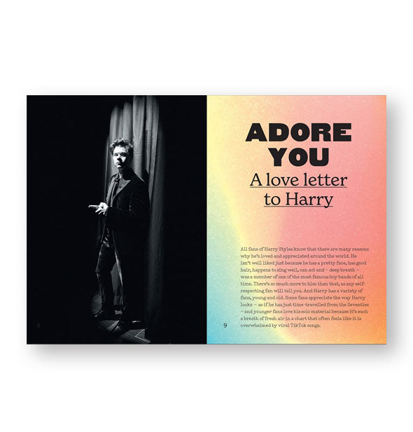 Page spread from The Book of Harry features a black and white image of Harry Styles alongside a colorful page headed, "Adore You A Love Letter to Harry"