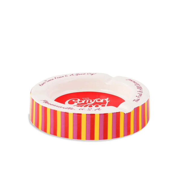 Side view of The Comfort Food Stand Ashtray shows its red, purple, and yellow striped rim