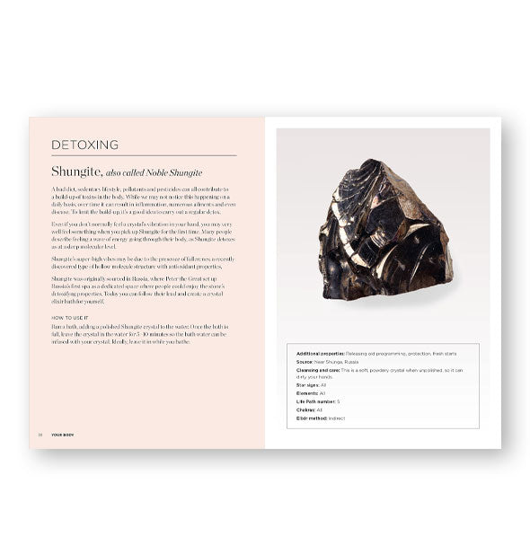 Page spread from The Crystal Apothecary features a chapter on Detoxing with Shungite highlighted alongside a photograph of the stone