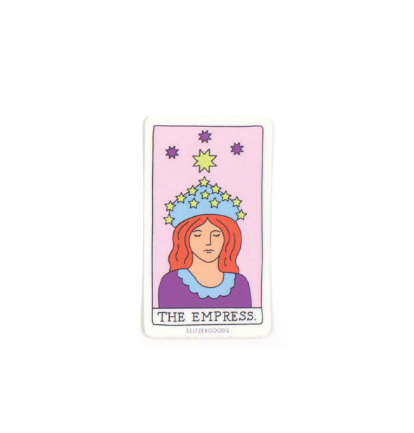 Rectangular sticker features illustration of a red-headed person wearing a blue crown covered in yellow stars above the label, "The Empress"