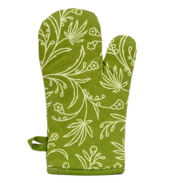 Reverse side of two-tone green oven mitt with all-over flowers and leaves design