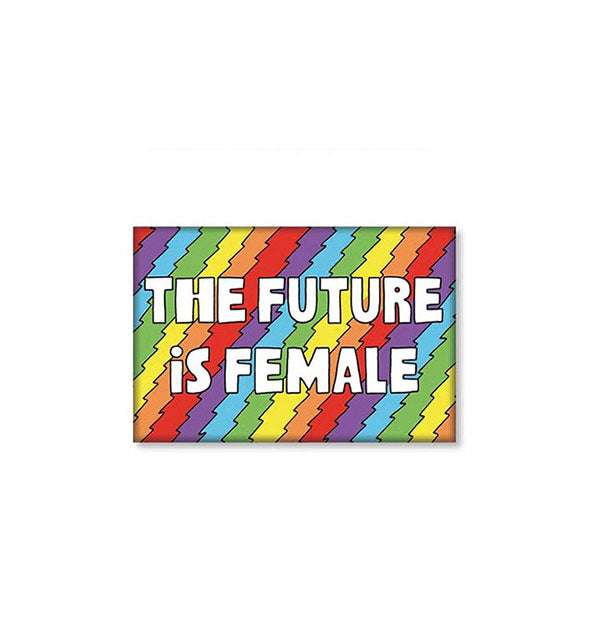 Rectangular magnet with rainbow zig-zag stripes says, "The Future is Female"