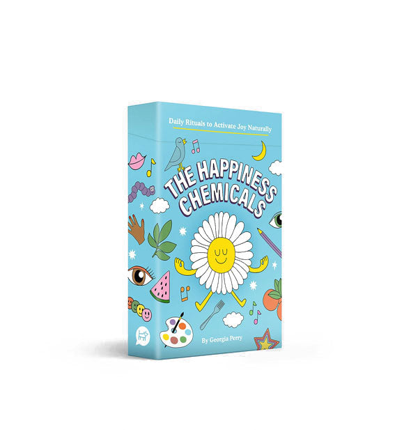Colorfully illustrated blue box of The Happiness Chemicals: Daily Rituals to Activate Joy Naturally cards by Georgia Perry
