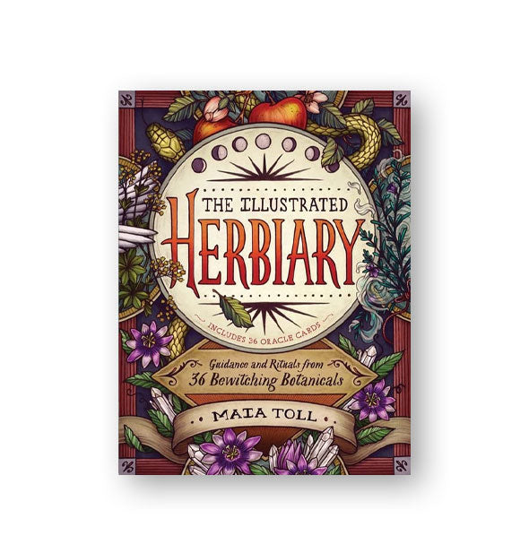 Cover of The Illustrated Herbiary with intricate design of flowers, crystals, fruits, and a snake
