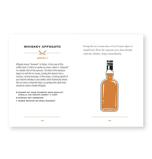 Page spread from The Little Book of Whiskey features a section titled, "Whiskey Affogato"