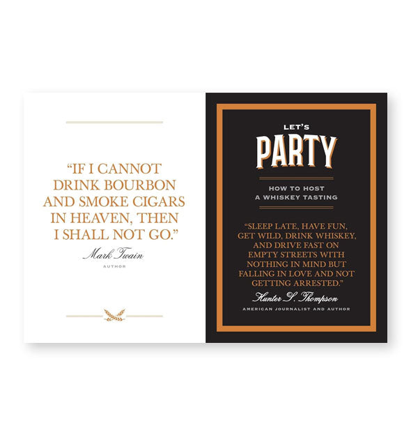 Page spread from The Little Book of Whiskey features a quote by Mark Twain next to a page headed, "Let's Party: How to Host a Whiskey Tasting"