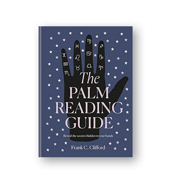 Dark blue cover of The Palm Reading Guide with black hand silhouette accented with zodiac symbols and surrounded by small white stars