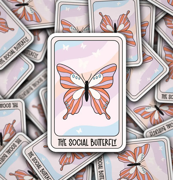 Rectangular stickers featuring tarot-style artwork of a butterfly on pastel striped background accented by smaller white butterflies say, "The Social Butterfly"