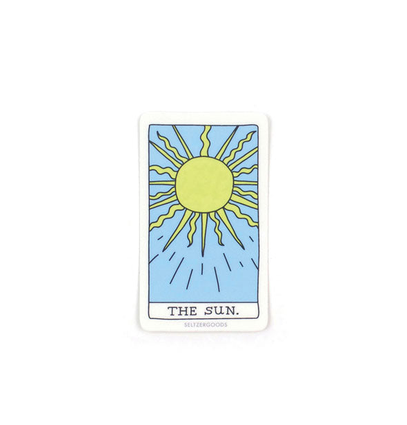 Rectangular sticker illustrated in the style of The Sun tarot card with yellow sun on a blue background