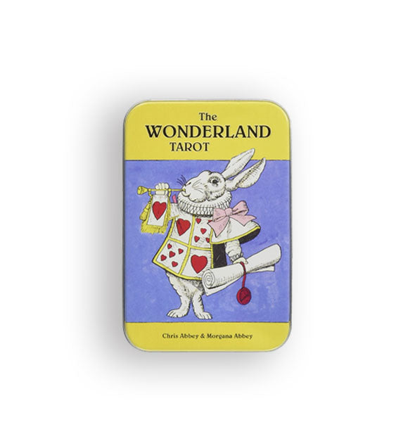 The Wonderland Tarot tin features a central illustration of the White Rabbit