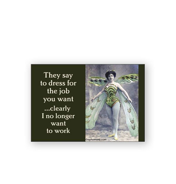 Rectangular magnet featuring vintage image of a woman in bodysuit wearing faerie wings says, "They say to dress for the job you want...clearly I no longer want to work"