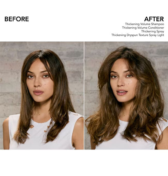 Side-by-side comparison of model's hair before and after using the Bumble and bumble Thickening system: Shampoo, Conditioner, Spray, and Dryspun Texture Spray Light