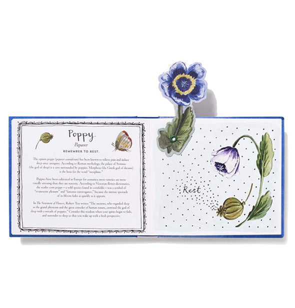 Page spread from Thinking of You features a section dedicated to the poppy alongside illustrations of the flower, one of which is turned upwards to stick out above the top of the page edge