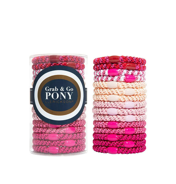 Grab & Go Pony woven hair ties in an assortment of pink shades, each with a decorative bead