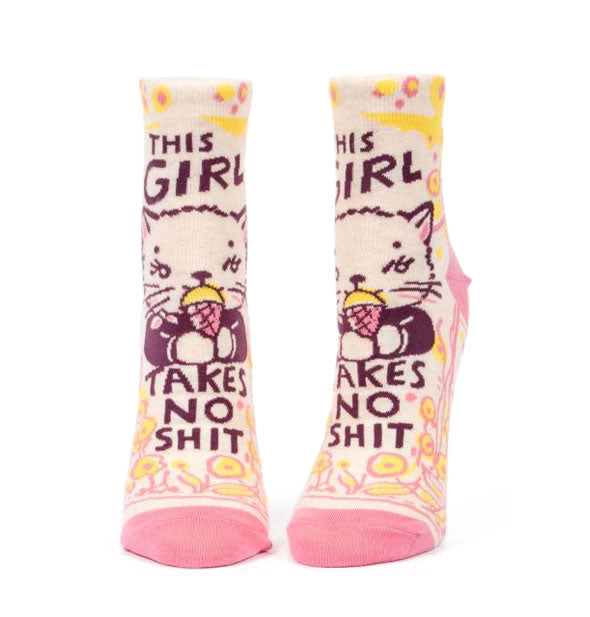 Socks with image of kitten eating an ice cream cone say, "This girl takes no shit"