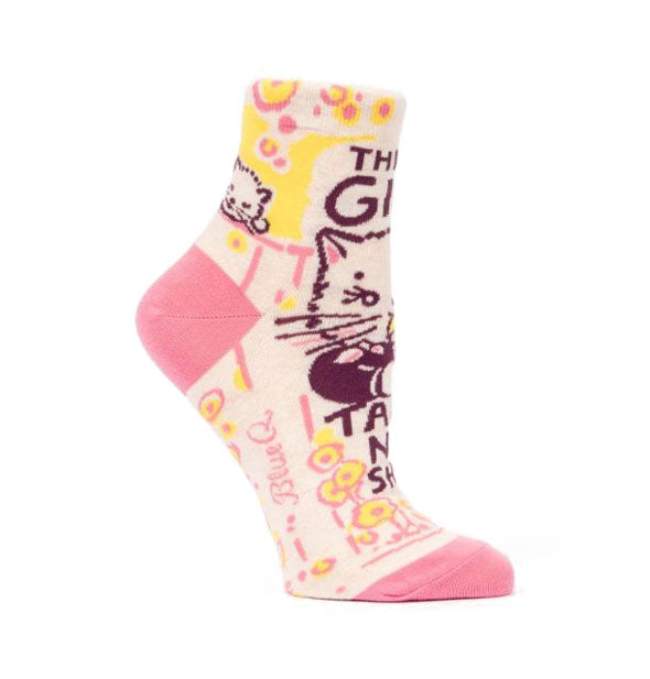 Socks with image of kitten eating an ice cream cone say, "This girl takes no shit"
