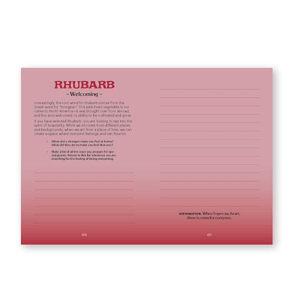 Blush ombre page spread from This Journal Is Your Mood Ring features a section titled, "Rhubarb: Welcoming"