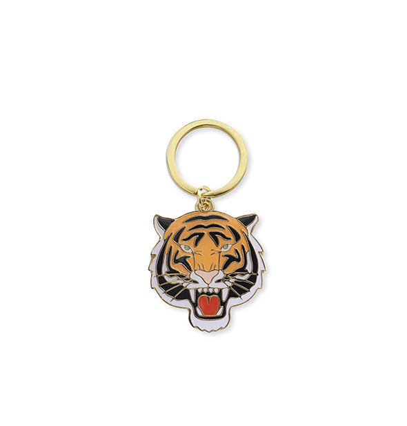 Enamel roaring tiger head keychain with gold edging and hardware