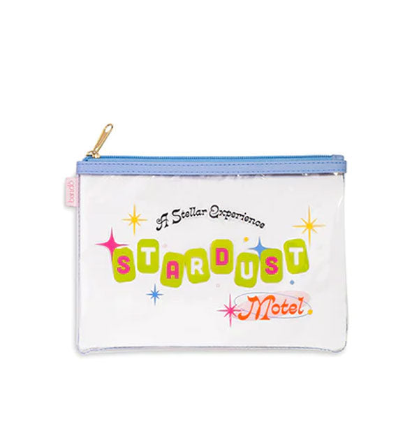 Clear pouch with blue zipper tape and gold zipper pull tab says, "A Stellar Experience: Stardust Motel" in a retro lettering motif accented by colorful stars