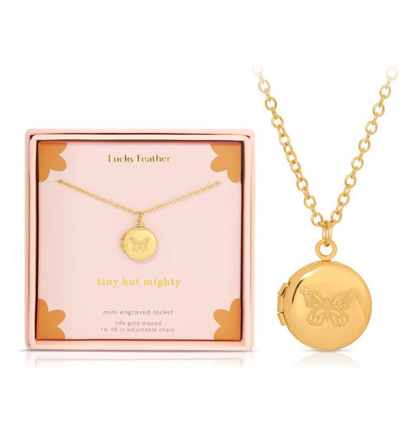 "Tiny But Mighty" round gold engraved butterfly locket necklace is shown in detail next to its gift box packaging
