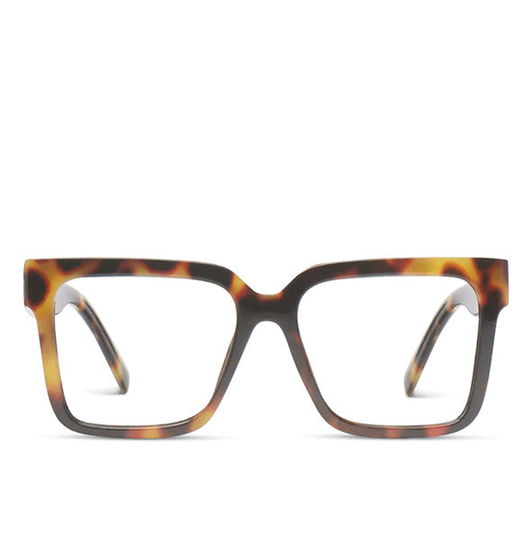 Front view of a pair of square glasses with a brown tortoise finish