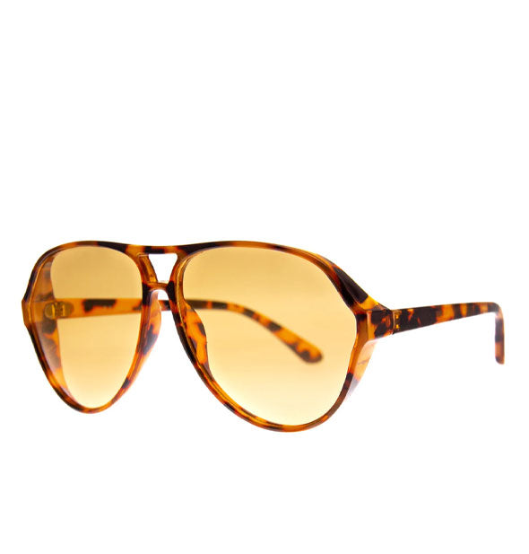 Pair of amber tortoise aviator sunglasses with yellow lenses