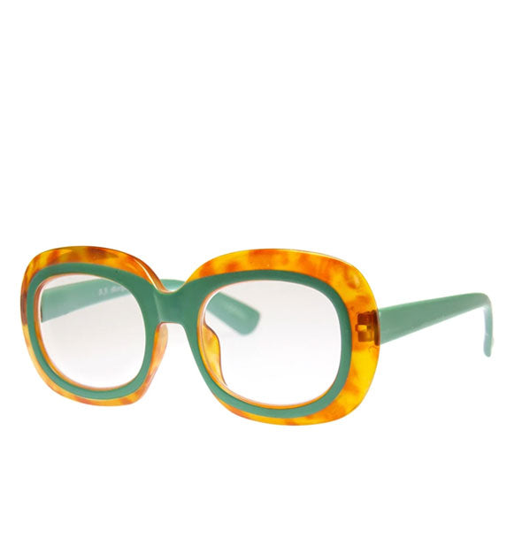 Pair of oversized rounded reading glasses with two-tone green and amber tortoise frame