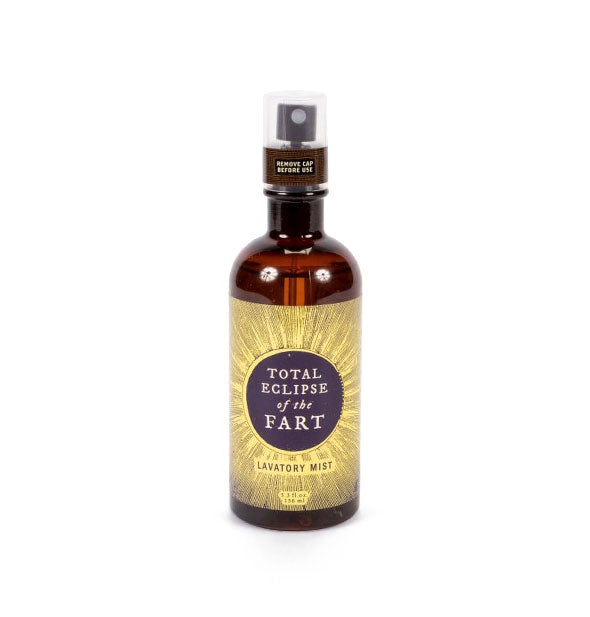 Amber bottle of Total Eclipse of the Fart Lavatory Mist with corresponding label illustration