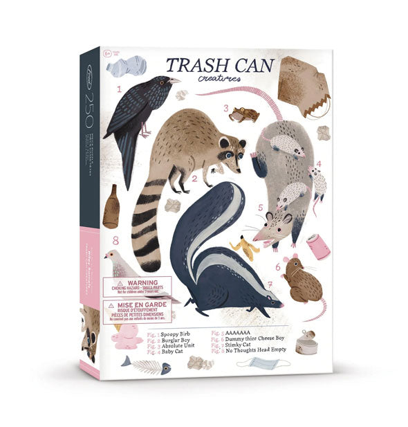 Trash Can Creatures jigsaw puzzle box features illustrations of a possum family, skunk, raccoon, crow, pigeon, rat, and other characters and items