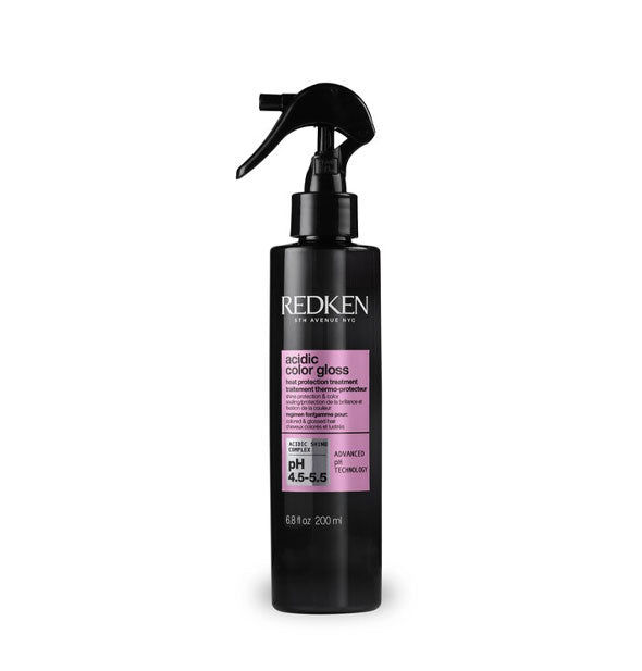Black 6.8 ounce bottle of Redken Acidic Color Gloss Heat Protection Treatment with rectangular pink label, white and black lettering, and spray nozzle