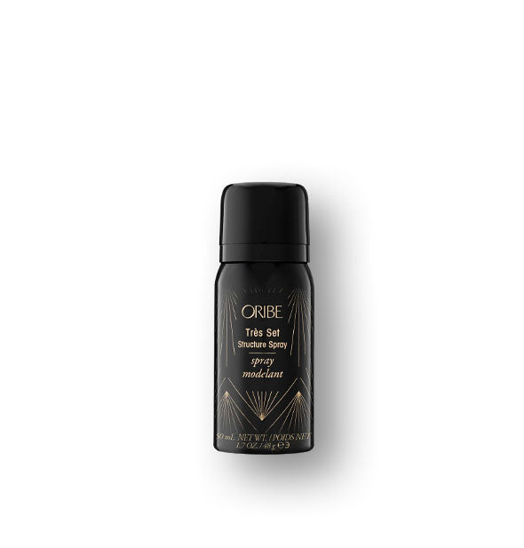 Black 1.7 ounce can of Oribe Très Set Structure Spray with gold lettering and Art Deco-style design details