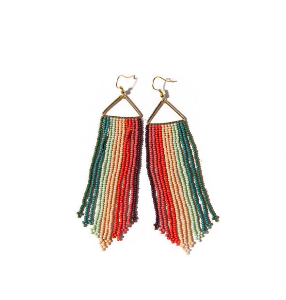 Pair of colorful striped fringe dangle beadwork earrings on gold hardware