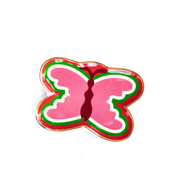 Butterfly dish with gold rim and prominent colors of pink, white, green, and red on its interior